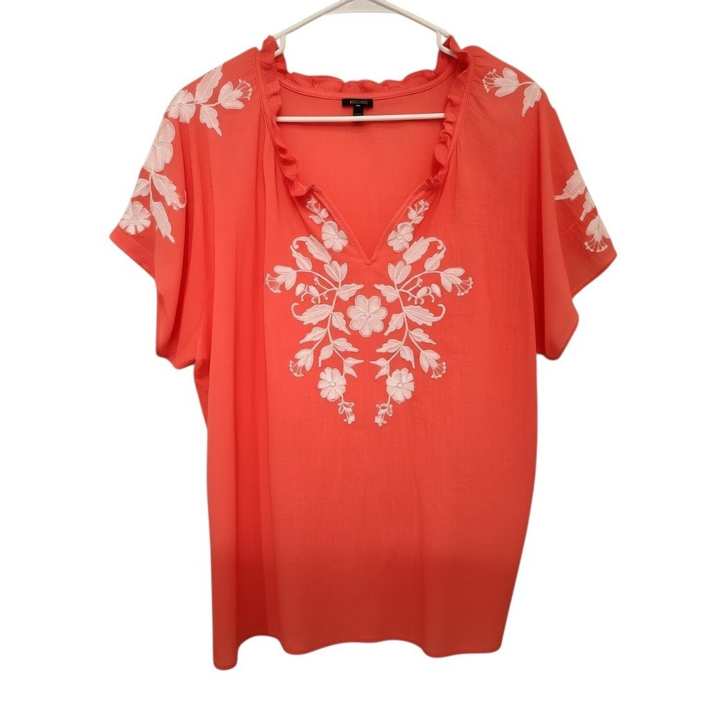 Talbots Plus Womens 2X Coral Pink Floral Embroidered Ruffle Neck Blouse Top